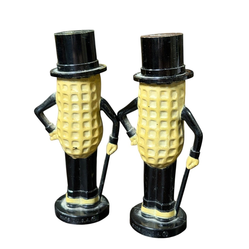 Vintage 1940 Planters Mr Peanut Salt Pepper Shakers Plastic Top Hat Cane Novelty - Picture 2 of 5